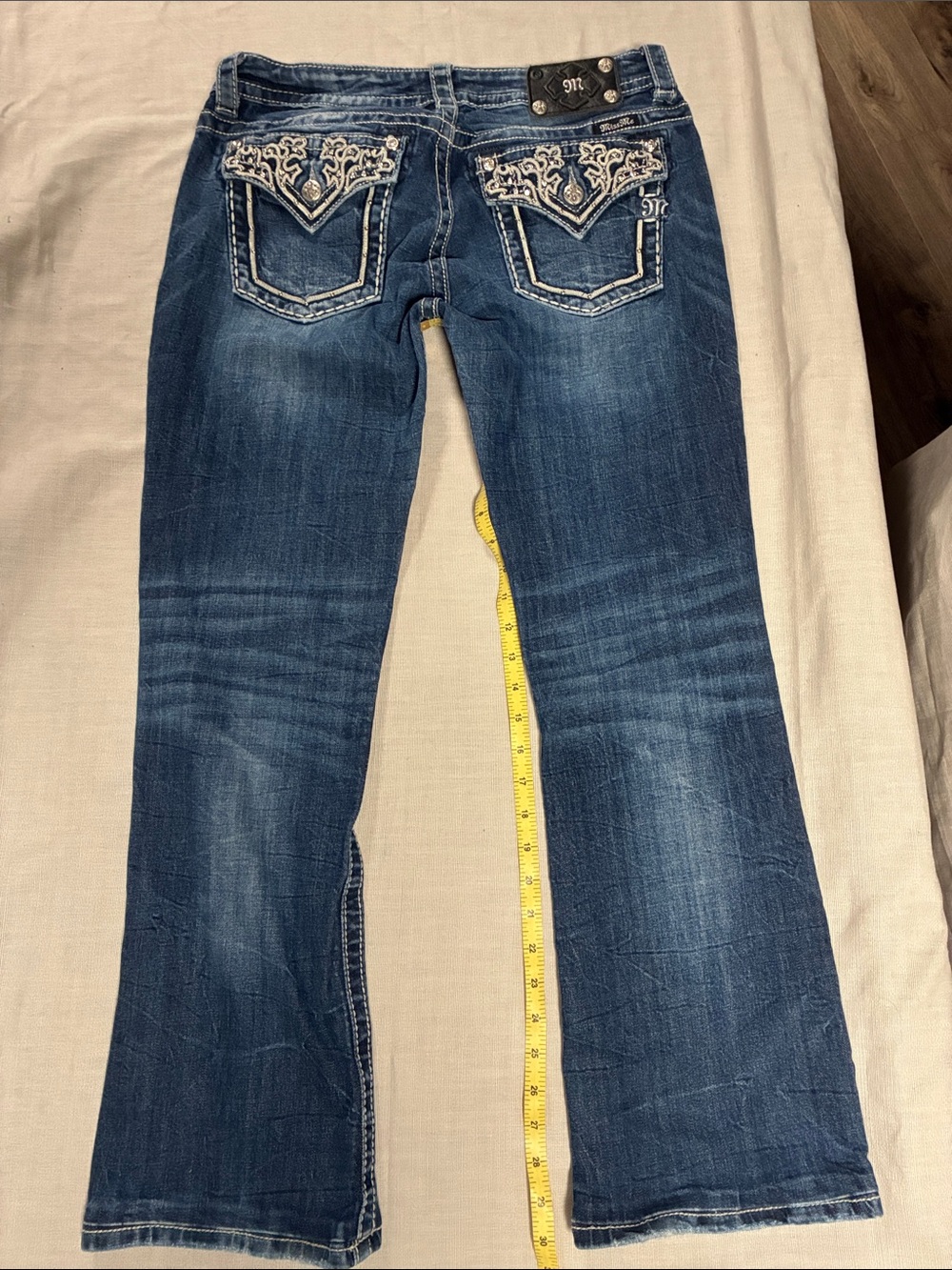 Miss Me Dark Blue Embroidered Back Pocket Bootcut Jeans, Size 31/30